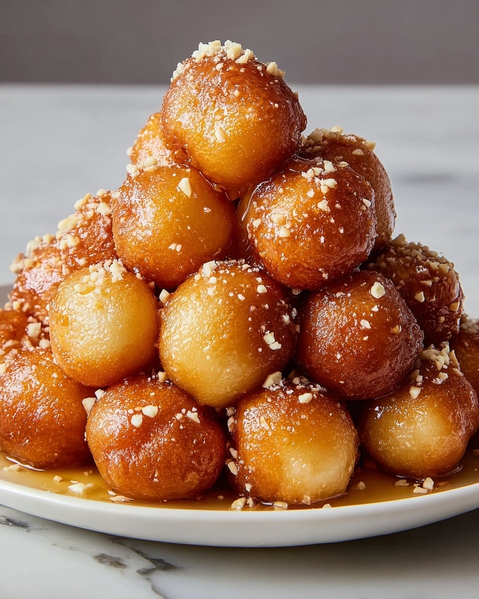 A large white plate fully stacked with a generous mound of golden, deep-fried sweet dough balls glistening with honey syrup and sprinkled evenly with finely chopped nuts, each ball uniformly round and browned to perfection, captured in a professional 3/4 angle hero shot on a white marble surface under natural lighting, emphasizing the texture and shine of the entire dish, photo taken with an iphone --ar 4:5 --v 7