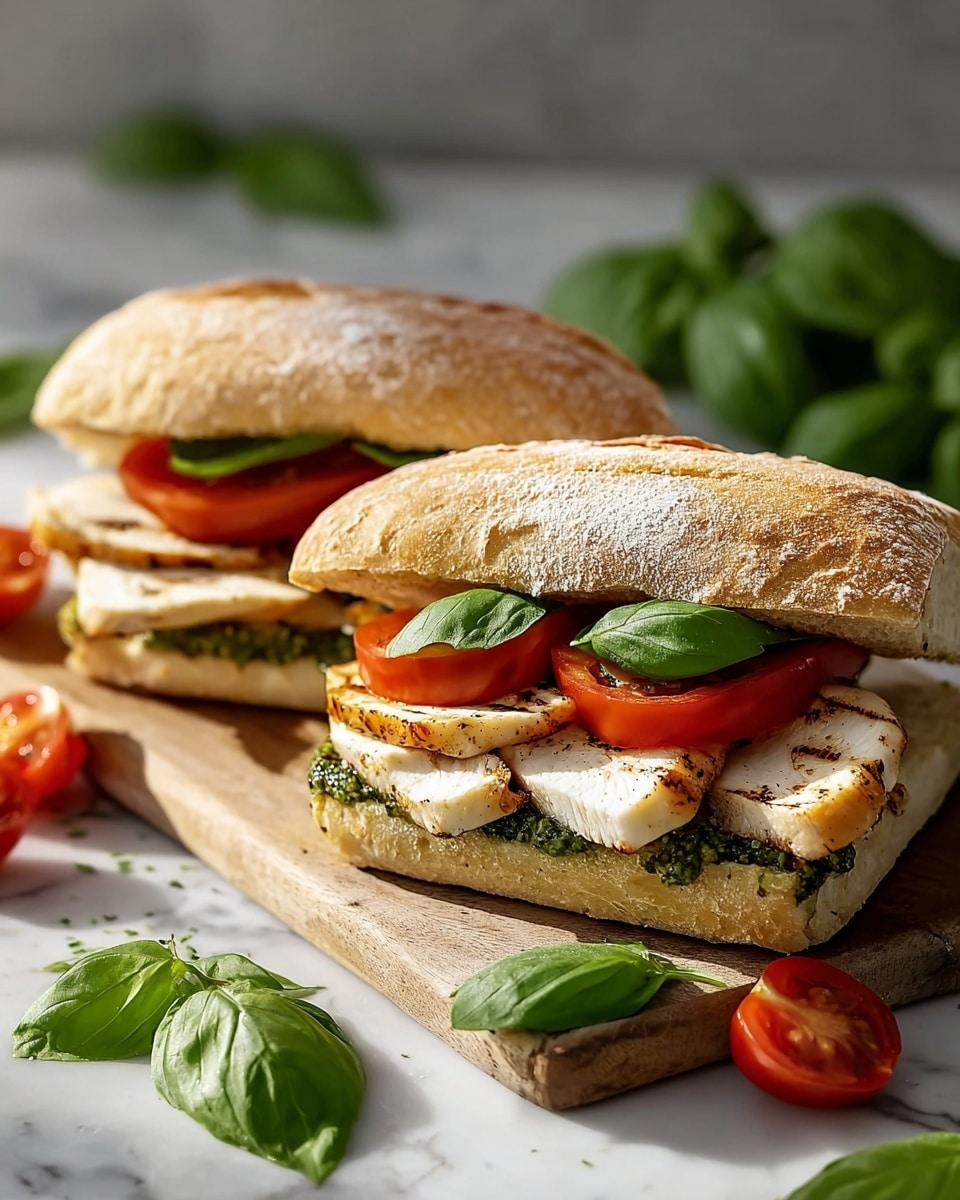 Two large white sandwiches on a wooden board, each filled with perfectly seasoned grilled chicken slices, ripe tomato slices, fresh green basil leaves, and a spread of pesto or herb spread inside soft white ciabatta bread dusted with flour, vibrant basil leaves scattered around on a white marble surface, bright natural light highlighting the fresh ingredients, professional food magazine hero shot taken with an iphone --ar 4:5 --v 7