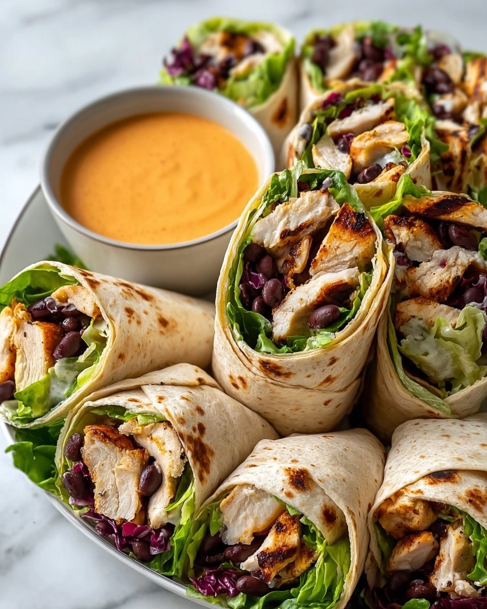 Large white platter featuring an array of whole grilled chicken wraps, each tightly rolled in soft, lightly toasted tortillas filled with tender, seasoned grilled chicken pieces, fresh green and purple lettuce leaves, and plump black beans, served alongside a bowl of creamy orange dipping sauce, all photographed in a professional hero shot from a 3/4 angle on a white marble background with natural lighting, showcasing the full, complete dish beautifully presented, photo taken with an iphone --ar 4:5 --v 7