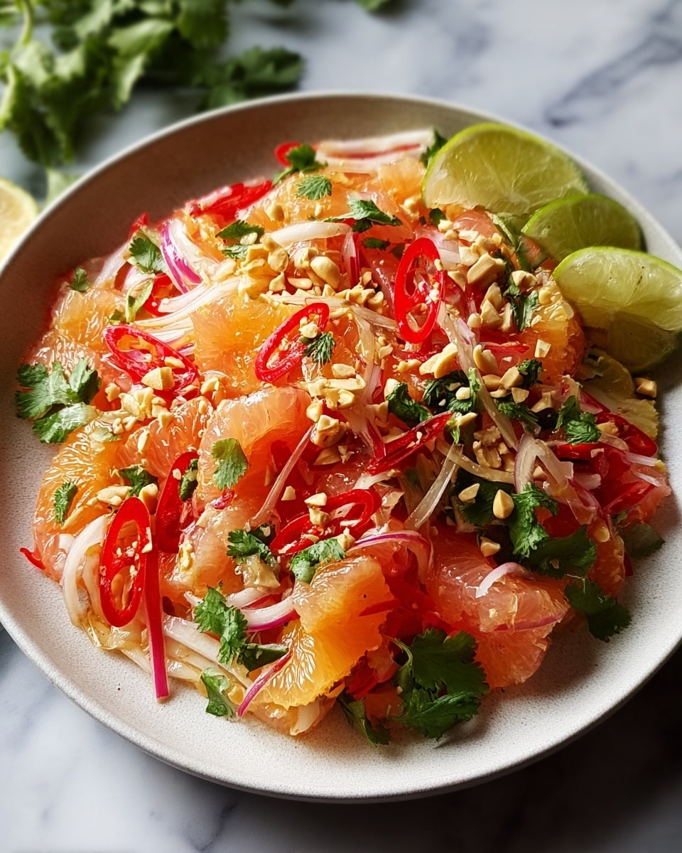 Large white serving bowl filled with a vibrant Thai-style pomelo salad, showcasing abundance of juicy, segmented pomelo pieces mixed with thinly sliced red chilies, fresh cilantro leaves, and crunchy chopped peanuts, accompanied by wedges of lime nestled around the salad for a fresh citrus accent, shot from a 3/4 angle on a white marble countertop with natural lighting, styled as a professional food magazine hero shot, photo taken with an iphone --ar 4:5 --v 7