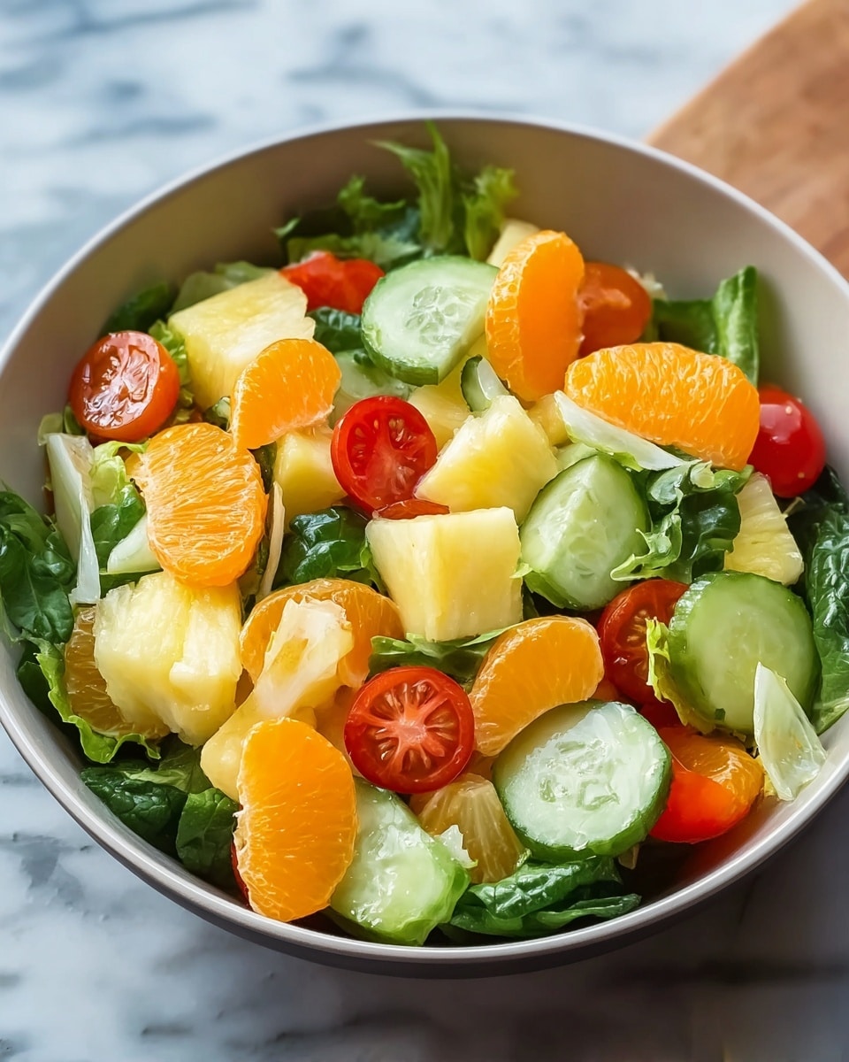 Large white bowl filled with fresh and vibrant fruit salad featuring chunks of pineapple, sliced cucumbers, bright orange kumquats, and leafy green lettuce, all mixed together to showcase a colorful, refreshing medley, photographed from a 3/4 angle on a white marble countertop, illuminated with natural lighting, styled like a hero shot from a food magazine, photo taken with an iphone --ar 4:5 --v 7