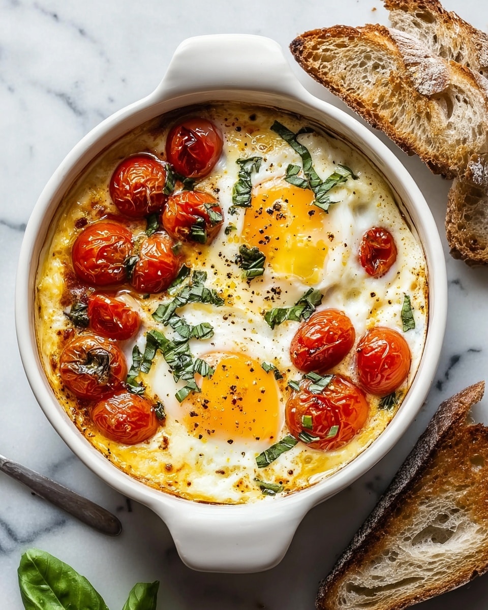 Large white ceramic baking dish filled with a full portion of baked eggs and roasted cherry tomatoes nestled in a creamy, golden, bubbly cheese sauce, generously sprinkled with fresh chopped basil and cracked black pepper, alongside slices of rustic sourdough bread on a white marble countertop, captured from a 3/4 angle with natural lighting, styled as a hero food magazine shot, photo taken with an iphone --ar 4:5 --v 7