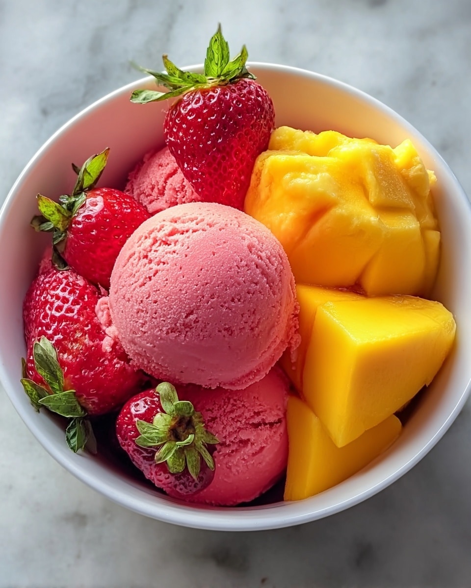 White bowl filled with a generous serving of vibrant pink strawberry ice cream, surrounded by large chunks of ripe yellow mango and whole fresh strawberries with green leafy tops, arranged to showcase the contrasting colors and textures, perfectly styled on a white marble surface with natural lighting, professional 3/4 angle food magazine hero shot, photo taken with an iphone --ar 4:5 --v 7