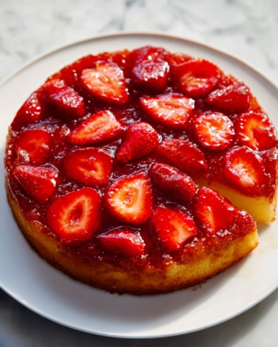 A whole round strawberry upside-down cake presented on a pristine white plate, with a glossy layer of caramelized fresh strawberry halves neatly arranged across the entire surface, the cake base golden and moist, capturing the rich texture and vibrant red hues of the strawberries, styled with natural lighting on a white marble background, shot from a professional 3/4 angle like a food magazine hero image, photo taken with an iphone --ar 4:5 --v 7