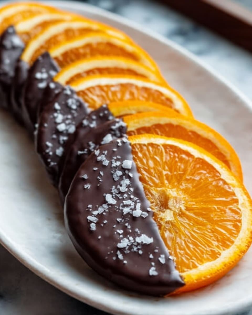 A pristine white serving plate showcasing a row of whole, round chocolate-dipped orange slices, each slice uniformly coated halfway with glossy dark chocolate and delicately sprinkled with flaky sea salt crystals, with the bright, vibrant orange segments radiating freshness and contrast against the rich chocolate, styled and arranged neatly on a white marble countertop under natural lighting, creating a tantalizing, elegant dessert presentation, professional food magazine hero shot, photo taken with an iphone --ar 4:5 --v 7