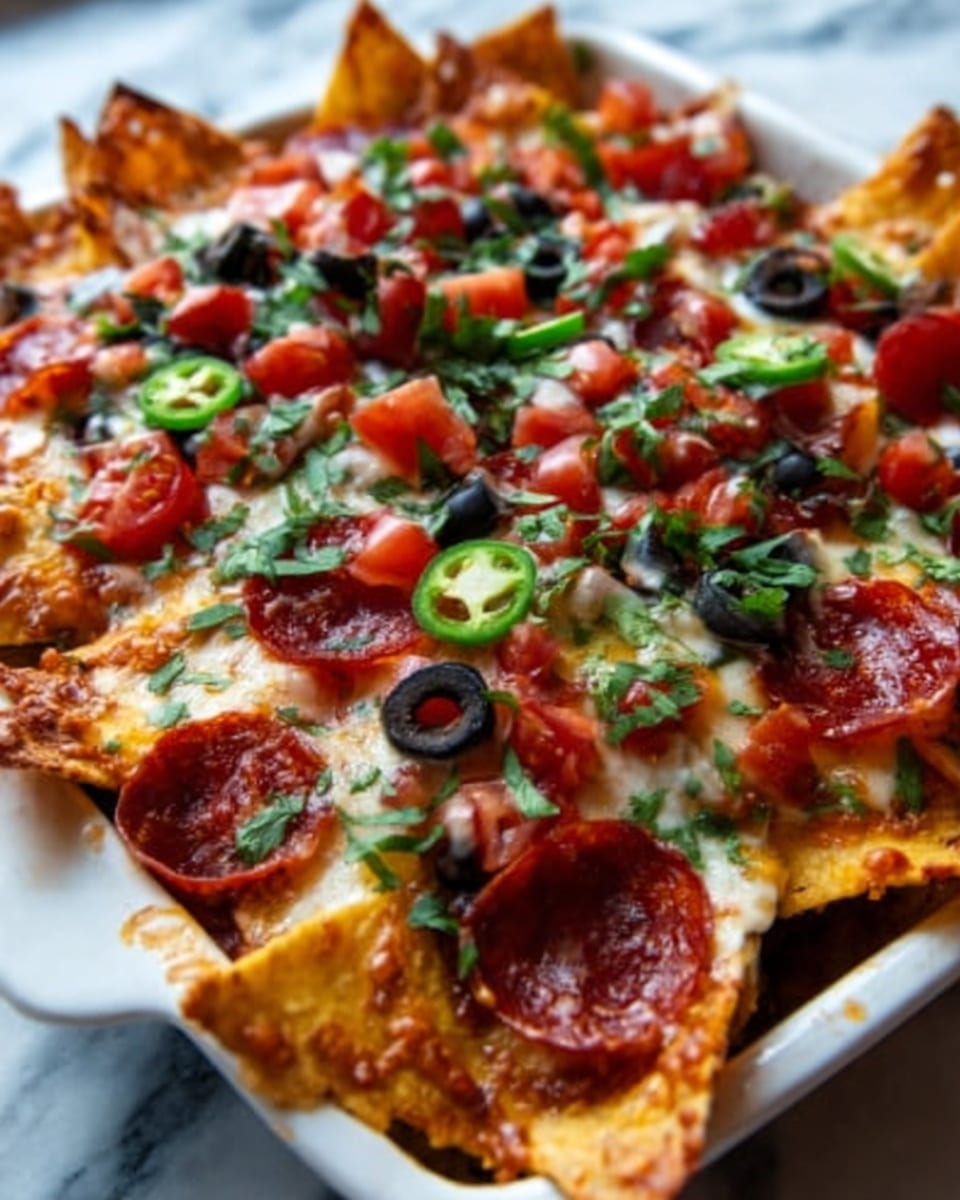Large white square baking dish filled with a whole batch of loaded nachos, featuring melted golden cheddar and mozzarella cheeses generously layered over tortilla chips, topped with abundant slices of pepperoni, black olives, diced tomatoes, chopped green onions, and fresh cilantro, with fresh jalapeño slices scattered throughout, all ingredients baked to a perfectly bubbly, savory finish, presented on a white marble countertop under natural lighting, professional 3/4 angle food magazine hero shot, photo taken with an iphone --ar 4:5 --v 7