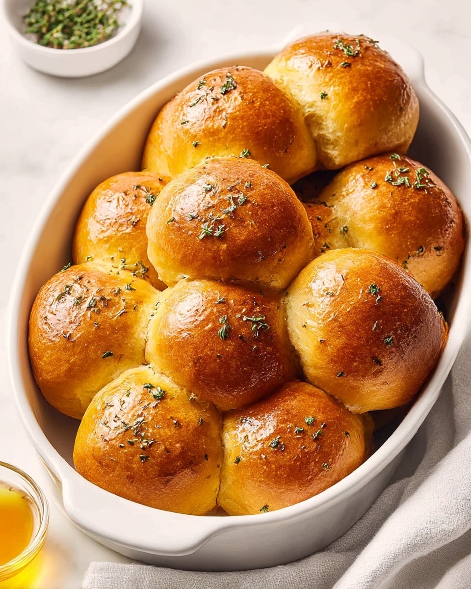 Large white oval baking dish filled with a whole batch of golden, shiny dinner rolls infused with herbs, showing their soft, pillowy texture and glossy tops sprinkled with bits of fresh herbs, setup on a white marble countertop with natural lighting to emphasize the warmth and freshness of the bread, styled as a hero shot from a food magazine, photo taken with an iphone --ar 4:5 --v 7