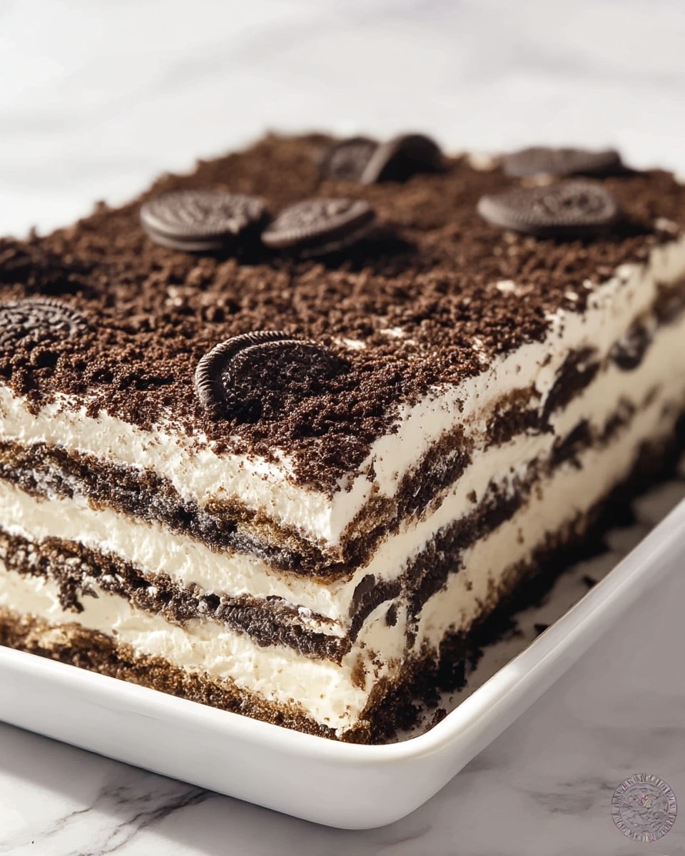 A large rectangular white serving dish filled with a rich Oreo layered dessert, featuring multiple thick layers of creamy white filling alternated with whole Oreo cookies and topped with a generous, even layer of finely crushed Oreo crumbs, entire uncut dessert shown on a clean white marble countertop, natural lighting highlighting the textures, professional food magazine style photo taken with an iphone --ar 4:5 --v 7
