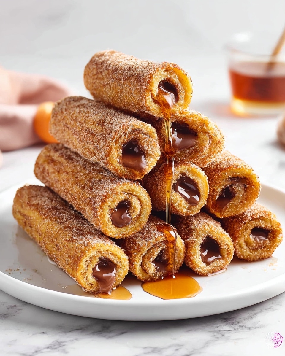 A large white plate showcasing a full stack of golden cinnamon sugar-coated rolled toast filled with rich, melted chocolate, each roll dripping with warm maple syrup, arranged neatly in a pyramid shape to display the textured crust and gooey inside, captured in a professional 3/4 angle shot on a white marble surface with natural lighting, styled like a hero food magazine photo taken with an iphone --ar 4:5 --v 7