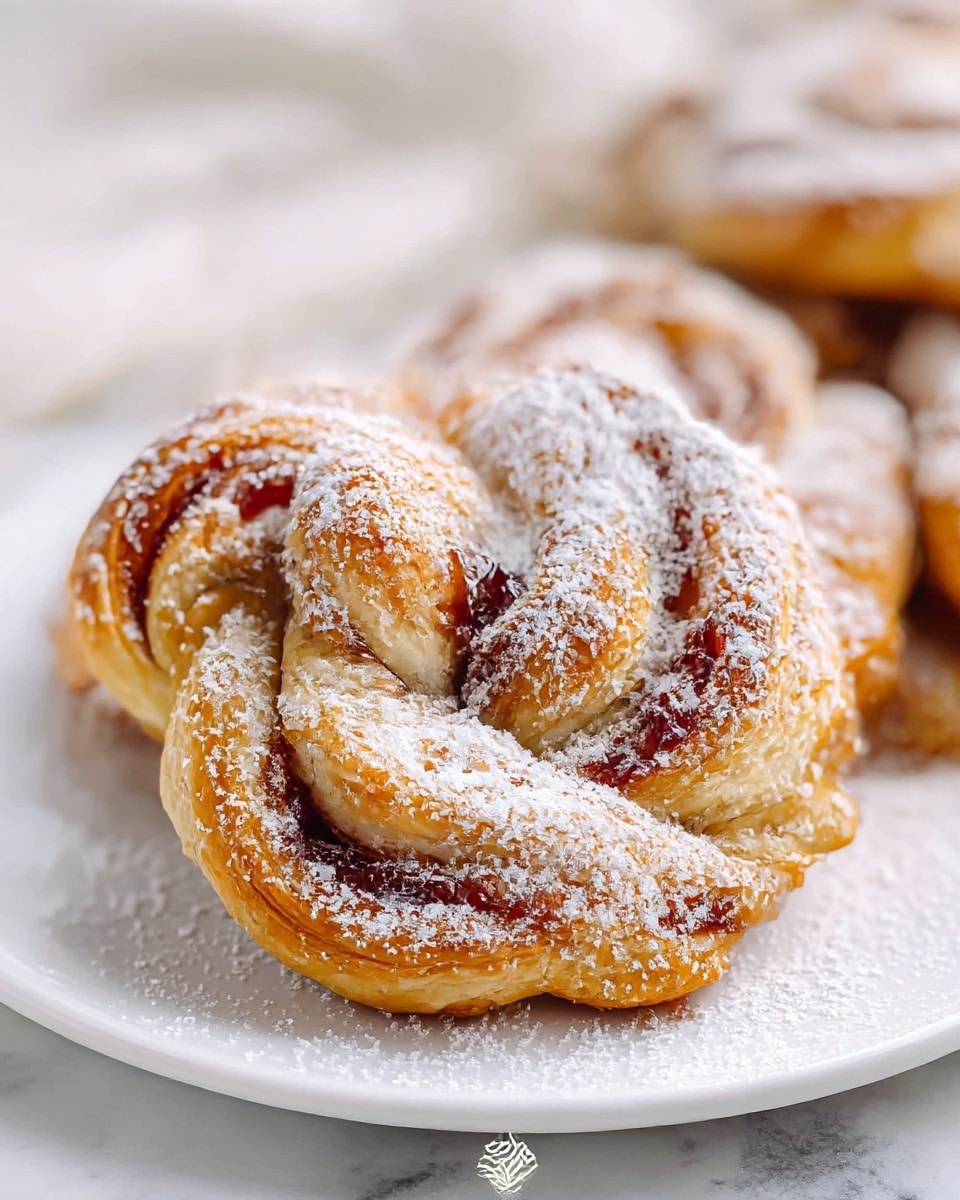 A large white plate heaped with a generous pile of freshly baked raspberry jam-filled puff pastries, each twisted into a beautiful swirl with golden, flaky layers dusted lightly with powdered sugar, showcasing the full batch in an inviting arrangement, photographed from a 3/4 angle on a pristine white marble background with natural lighting, professional food styling photo taken with an iphone --ar 4:5 --v 7