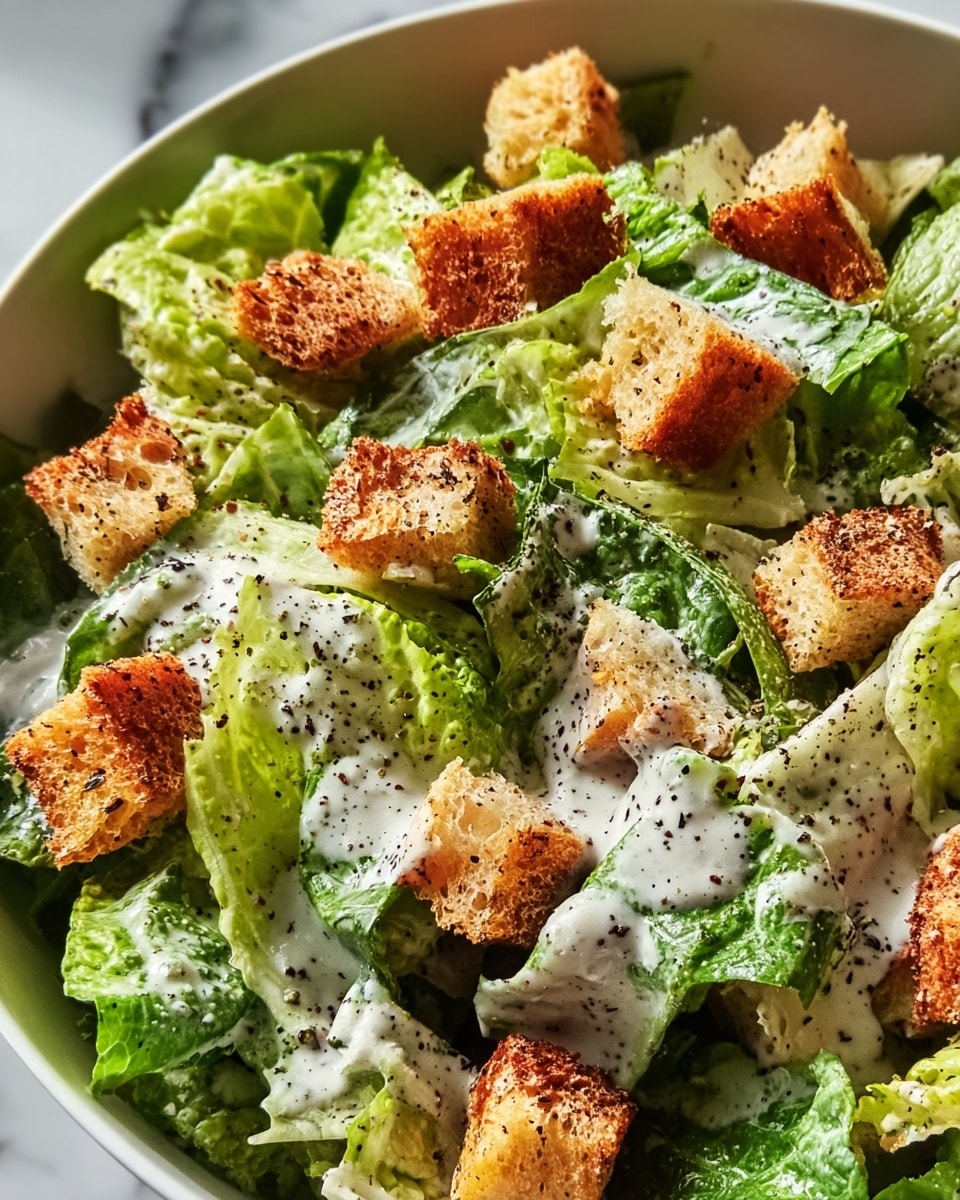 Large white bowl filled with a fresh Caesar salad featuring vibrant green romaine lettuce leaves generously topped with plenty of golden, crisp croutons, all evenly drizzled with creamy, pepper-speckled Caesar dressing, whole salad photographed from a 3/4 angle on a white marble countertop under natural lighting, professional food magazine hero shot photo taken with an iphone --ar 4:5 --v 7
