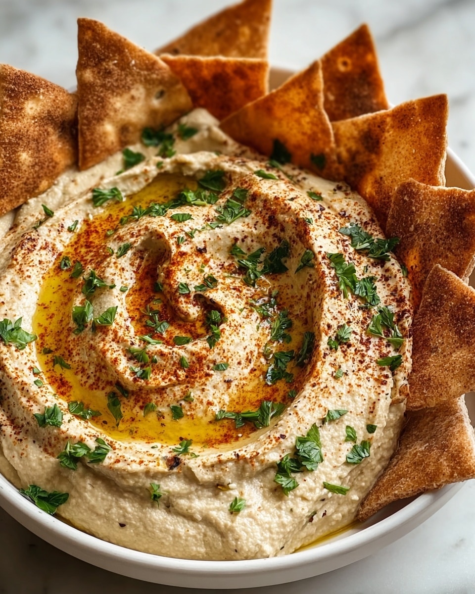 Large white ceramic bowl filled with creamy, freshly made hummus swirled artfully on the surface, generously topped with a drizzle of golden olive oil, vibrant paprika, and sprinkled with finely chopped fresh parsley, surrounded by an ample amount of warm, perfectly toasted pita chips arranged around the edge of the bowl, photographed from a 3/4 angle on a white marble countertop with natural lighting, professional food styling, photo taken with an iphone --ar 4:5 --v 7