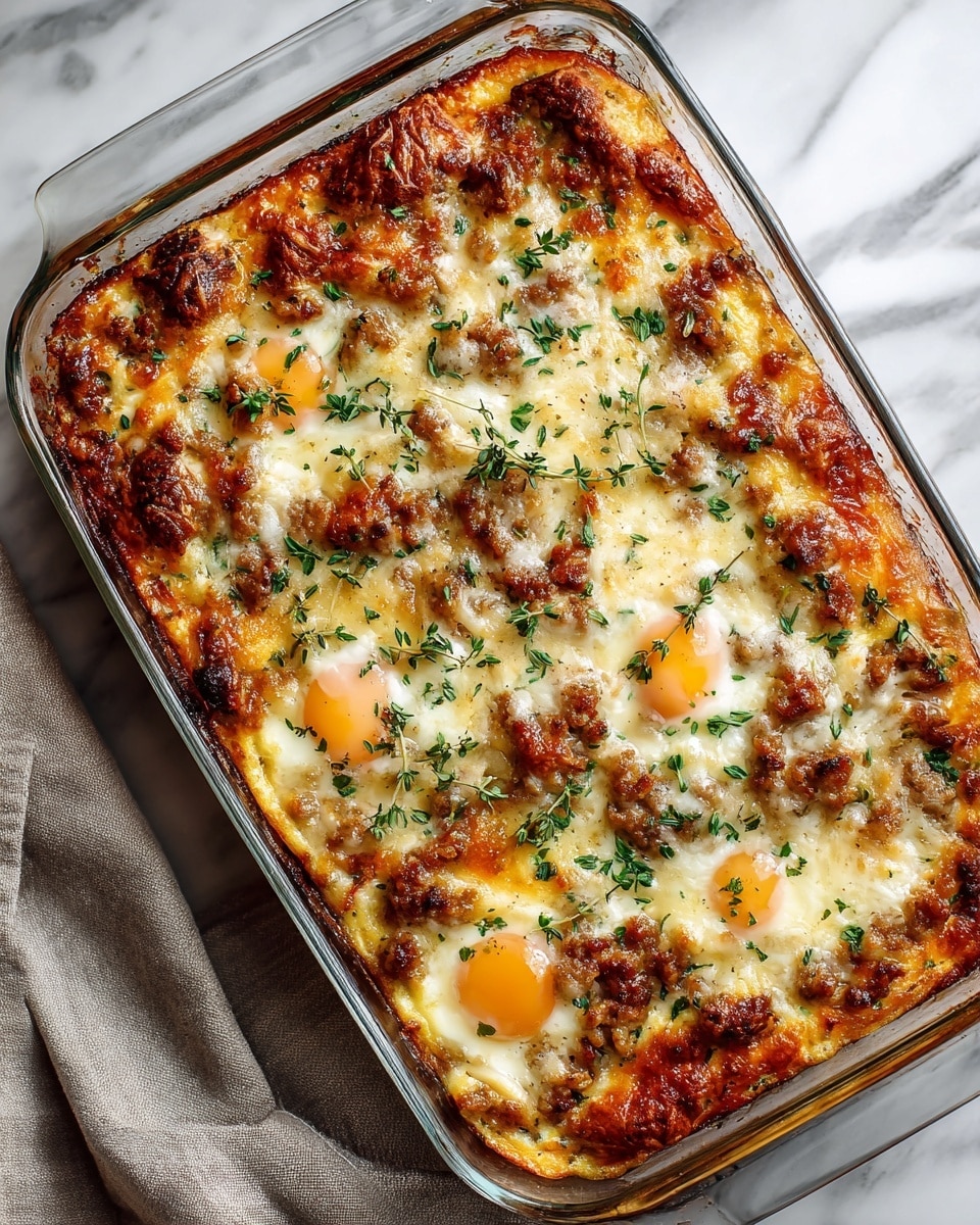 Full glass baking dish filled with a freshly baked sausage and cheddar cheese casserole, featuring a golden, bubbly cheese crust sprinkled with fresh thyme leaves, visible layers of fluffy baked eggs and sausage throughout, placed on a white marble countertop with natural lighting, styled as an impressive hero shot from a food magazine, photo taken with an iphone --ar 4:5 --v 7