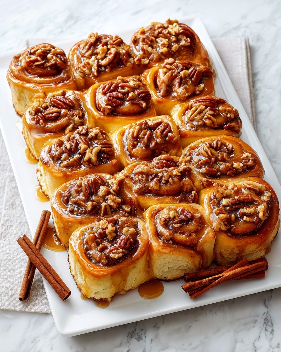 A white rectangular platter filled with multiple golden-brown pecan sticky buns, each generously coated with a glossy caramel glaze and topped with whole toasted pecans, arranged neatly in rows, with cinnamon sticks placed beside the platter for visual context, shot at a 3/4 angle on a white marble countertop with natural lighting, styled like a hero food magazine shot, photo taken with an iphone --ar 4:5 --v 7