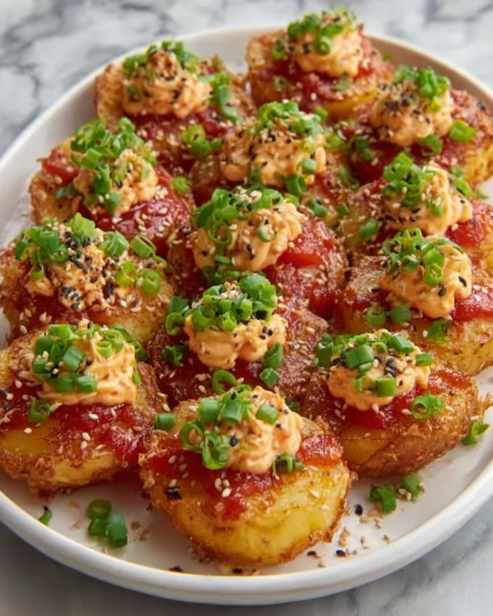 Large white serving platter filled with a complete arrangement of golden, crispy potato rounds generously topped with dollops of spicy mayo and ketchup, sprinkled evenly with sesame seeds and finely chopped fresh green onions, showcasing the full batch of these bite-sized appetizers in a neat, appetizing grid, photographed from a professional 3/4 angle on a white marble countertop with natural lighting, like a hero shot from a food magazine, photo taken with an iphone --ar 4:5 --v 7