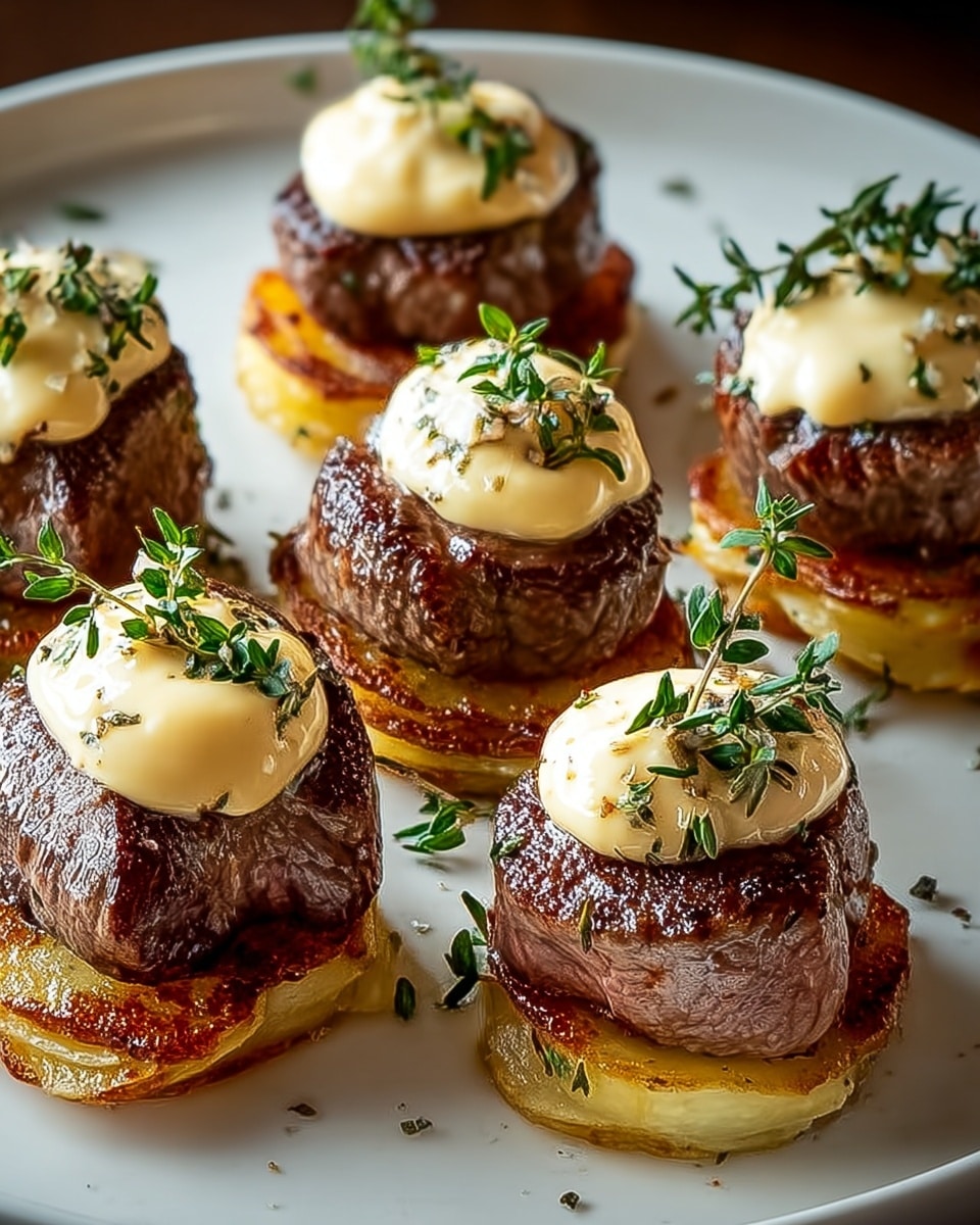 White serving plate perfectly arranged with multiple stacked rounds of seared filet mignon medallions resting atop golden, crispy layered potato gratin, each topped with a smooth dollop of creamy béarnaise sauce and garnished with fresh sprigs of green thyme, the entire dish presented in a clean, professional overhead shot on a white marble background with natural lighting, evoking a high-end food magazine hero image, photo taken with an iphone --ar 4:5 --v 7