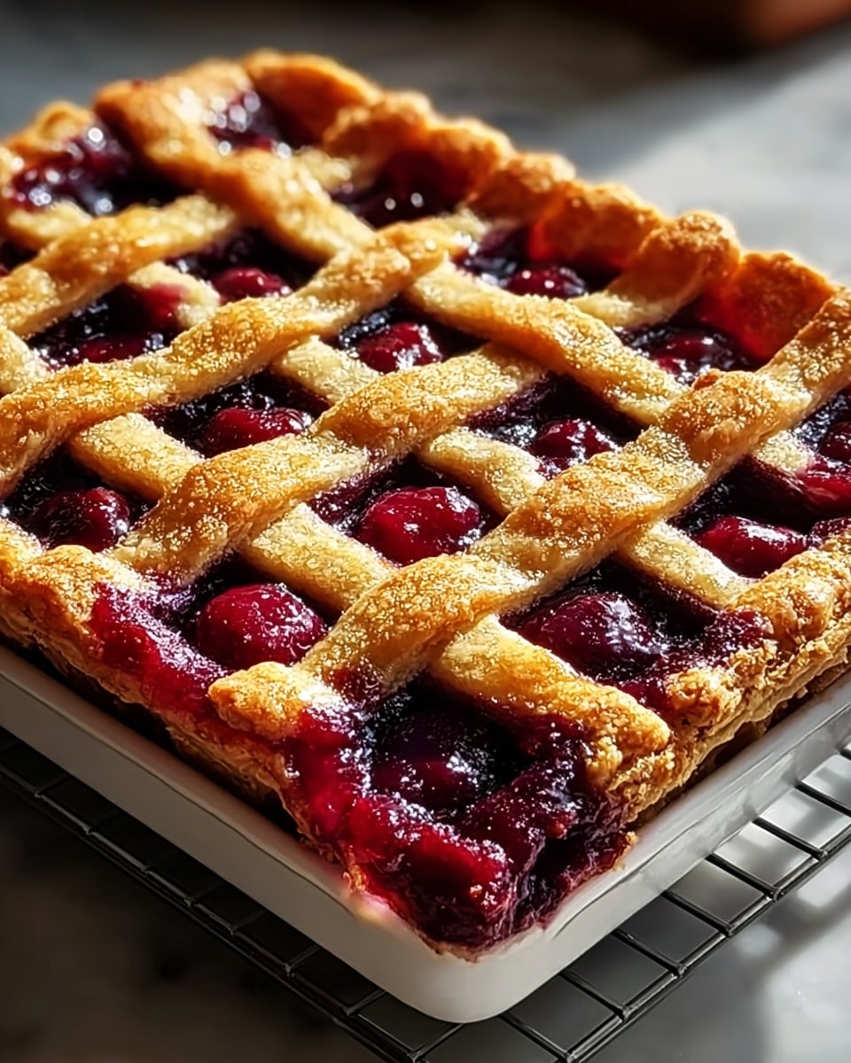 A large rectangular white baking dish filled with a whole freshly baked cherry pie with a golden-brown lattice crust, showcasing deep red, glossy cherry filling peeking through the perfectly browned pastry, the entire pie presented on a white marble countertop with natural light highlighting the flaky texture of the crust and the vibrant fruit filling, professional food magazine style photo taken with an iphone --ar 4:5 --v 7