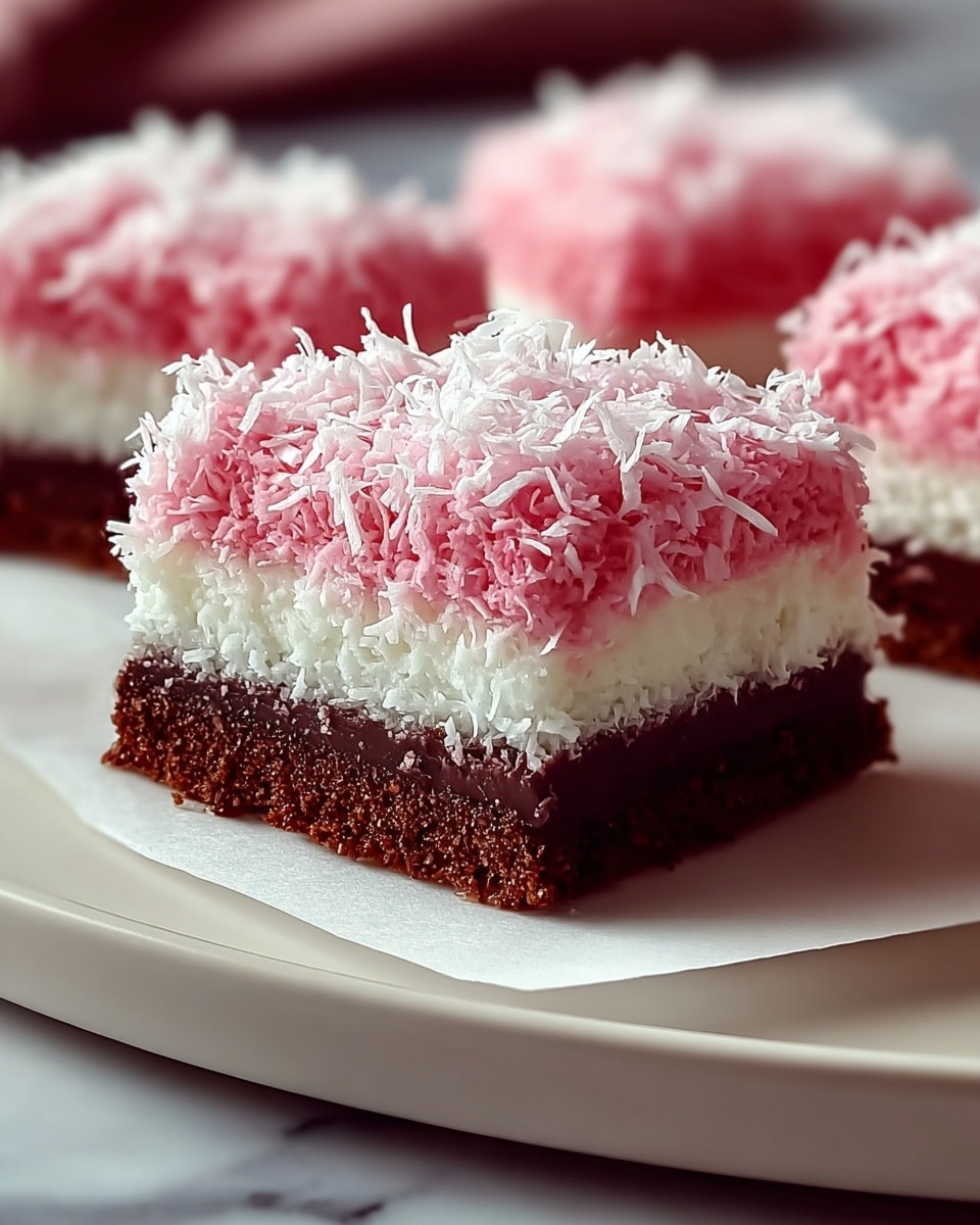Whole rectangular layered coconut chocolate tray bake presented on a large white serving platter, showing a rich dense chocolate base topped with a thick white coconut layer and finished with a vibrant pink coconut topping sprinkled generously with shredded coconut, whole tray bake photographed from a 3/4 angle on a white marble countertop, natural lighting, professional food magazine hero shot, photo taken with an iphone --ar 4:5 --v 7
