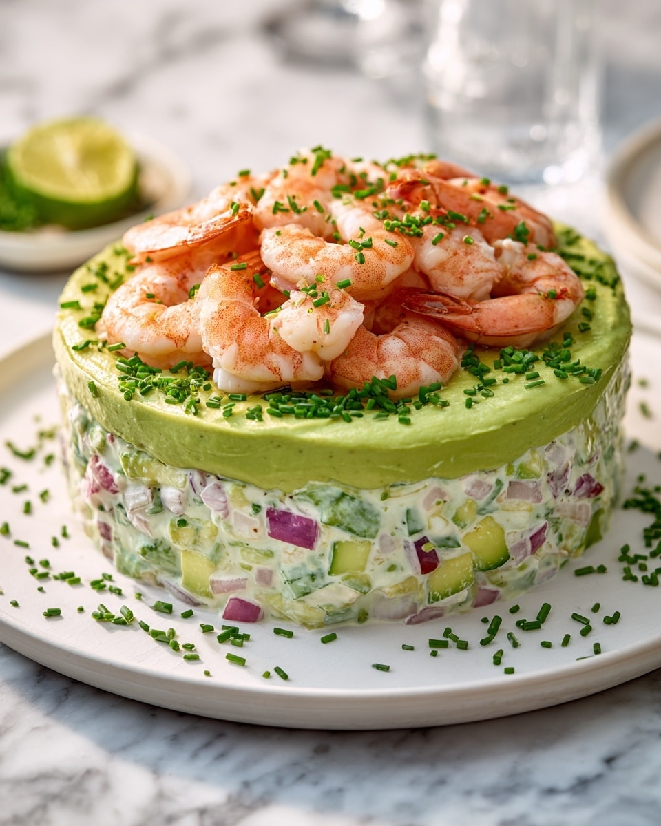Whole round white serving plate with an elegant shrimp and avocado layered salad, the dish showcasing a thick base of creamy seafood salad mixed with diced cucumber and red onion, topped with a smooth, vibrant green avocado mousse sprinkled generously with fresh chopped chives, adorned with whole cooked shrimp arranged on top, presented on a white marble countertop with natural lighting, professional food magazine hero shot photo taken with an iphone --ar 4:5 --v 7