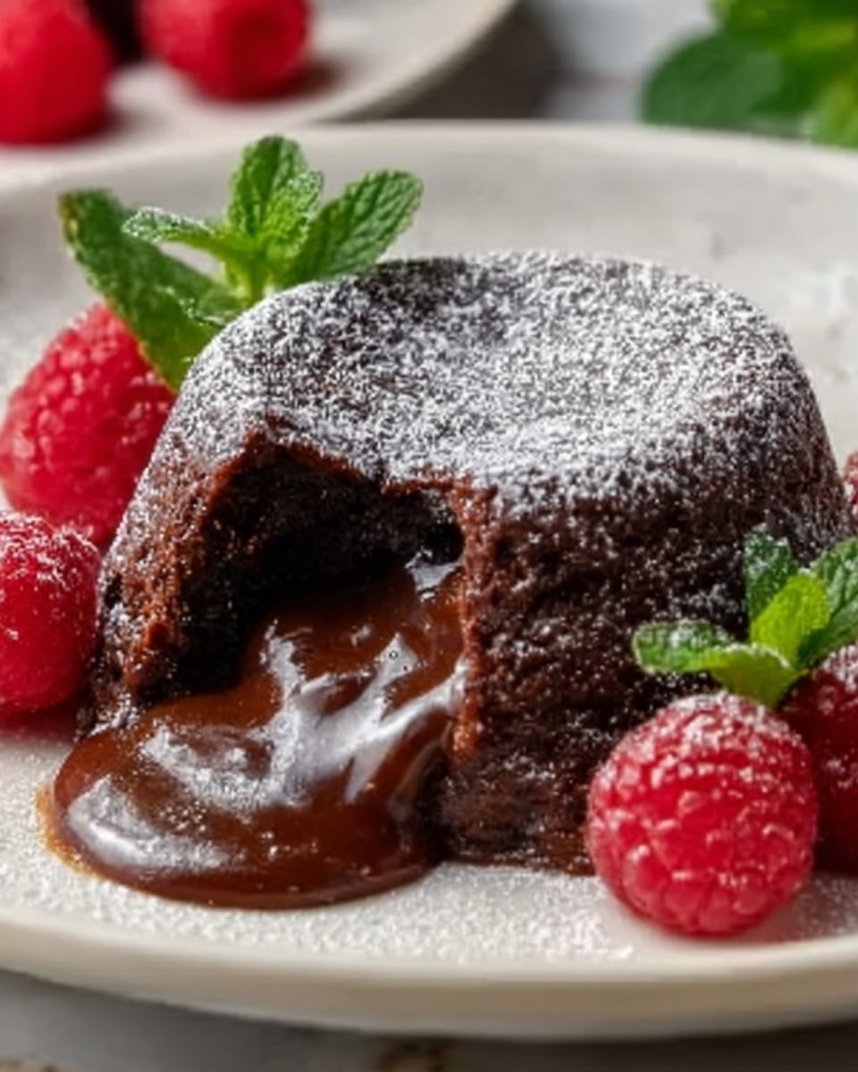 A pristine white plate showcasing a whole, round chocolate lava cake with a glossy, rich exterior, elegantly dusted with powdered sugar and garnished with fresh mint leaves and ripe raspberries around it. The cake is intact and uncut, emphasizing the smooth surface and the delicate texture of the dessert. The photo is taken at a professional 3/4 angle with natural lighting on a white marble background, styled as a high-end food magazine hero shot. Photo taken with an iphone --ar 4:5 --v 7
