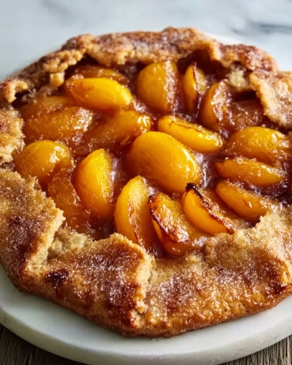 A whole rustic apricot galette on a white ceramic plate, featuring a golden, flaky crust artistically folded over vibrant, glossy apricot halves arranged neatly in the center, with a textured sugar glaze sprinkled on the crust edges, styled on a white marble surface with natural light highlighting the caramelized fruit and crisp dough, professional 3/4 angle food magazine hero shot, photo taken with an iphone --ar 4:5 --v 7