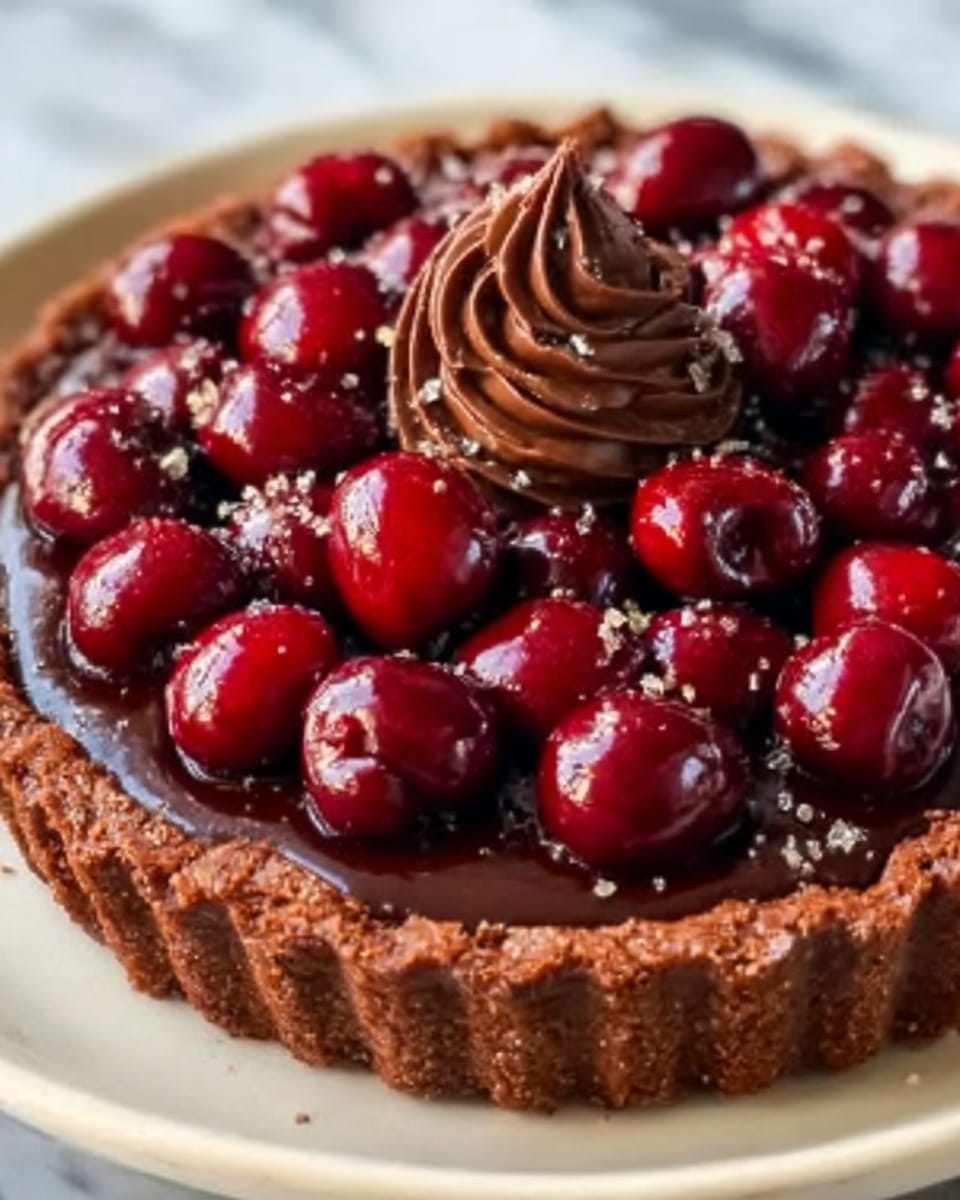 A whole, uncut chocolate tart presented on a white plate, featuring a glossy, rich chocolate ganache filling topped with an abundant layer of fresh, plump cherries clustered across the entire surface, crowned with a single elegant swirl of chocolate cream in the center. The tart crust is thick and visibly textured, encasing the luscious filling perfectly. The scene is captured with natural lighting from a 3/4 angle on a white marble background, styled as a professional food magazine hero shot. Photo taken with an iphone --ar 4:5 --v 7