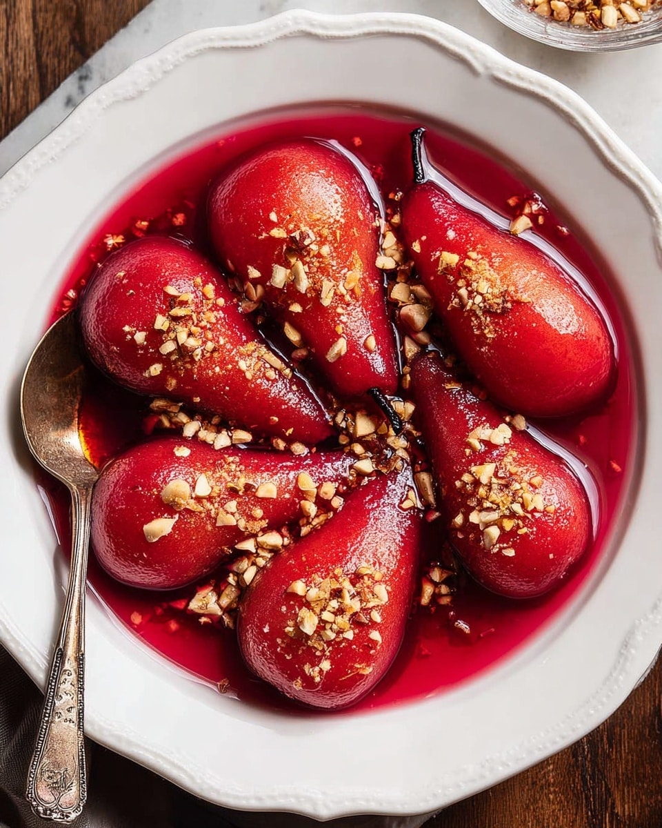Large white serving bowl filled with whole poached pears in vibrant red syrup, beautifully arranged and generously sprinkled with chopped nuts and a dusting of spice, showcasing the entire dish in a professional 3/4 angle shot on a white marble countertop, illuminated by natural lighting, styled as a captivating food magazine hero shot, photo taken with an iphone --ar 4:5 --v 7