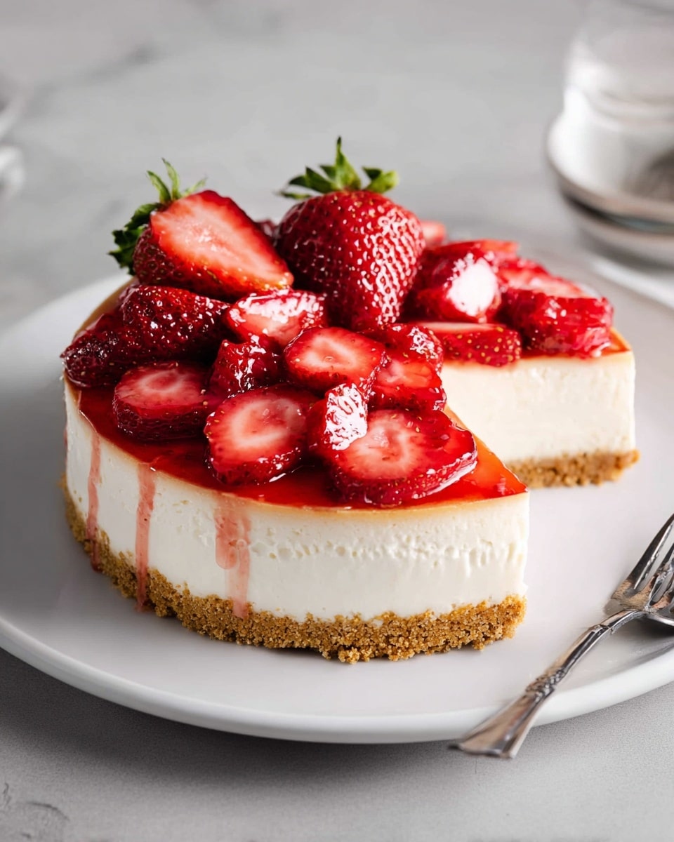 Whole classic strawberry cheesecake presented on a large white round plate, featuring a thick creamy layer of cheesecake atop a golden graham cracker crust, fully topped with an even arrangement of glossy fresh whole strawberries and sliced strawberries accentuating the smooth surface, small drizzle of clear glaze adding shine, shot from a professional 3/4 angle showing the entire cake with natural lighting on a pristine white marble background, styled as a food magazine hero shot, photo taken with an iphone --ar 4:5 --v 7