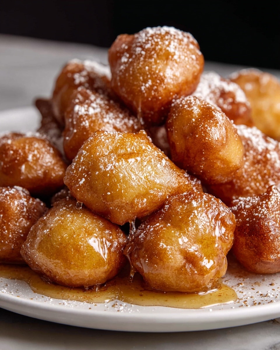 Large white serving plate heaped with an array of golden brown fritters, each perfectly round and glistening with a generous drizzle of sticky honey glaze, lightly dusted with cinnamon and powdered sugar, showcasing the whole batch in an inviting and abundant presentation, photographed from a 3/4 angle on a white marble countertop with natural lighting, styled as a hero shot from a food magazine, photo taken with an iphone --ar 4:5 --v 7