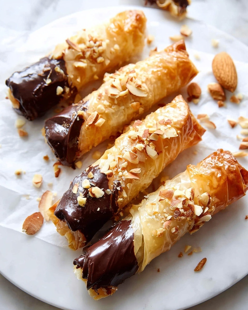 White serving plate filled with a full batch of crispy golden-brown phyllo pastry rolls, each generously dipped at one end in glossy dark chocolate and sprinkled with chopped toasted almonds, arranged neatly showcasing their flaky texture and rich toppings, whole dish photographed from a 3/4 angle on a white marble countertop with natural lighting, professional food magazine hero shot photo taken with an iphone --ar 4:5 --v 7