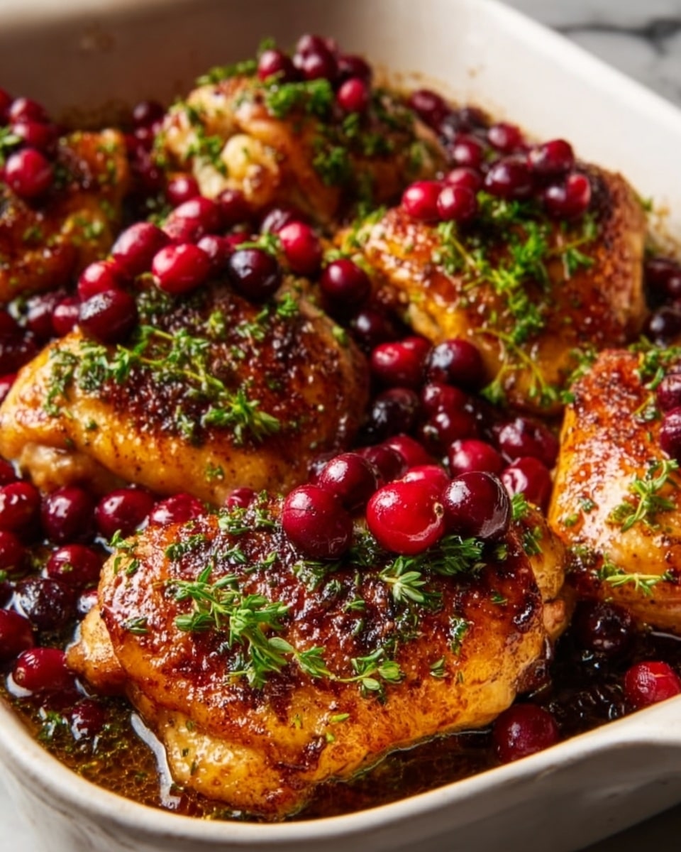 Large white rectangular baking dish filled with golden, roasted chicken thighs seasoned with a rich, crispy skin, topped generously with vibrant, whole fresh cranberries and sprinkled with finely chopped fresh green herbs, showing the entire batch of perfectly cooked chicken arranged closely together, captured from a 3/4 angle on a white marble countertop with natural lighting, styled as a stunning food magazine hero shot, photo taken with an iphone --ar 4:5 --v 7
