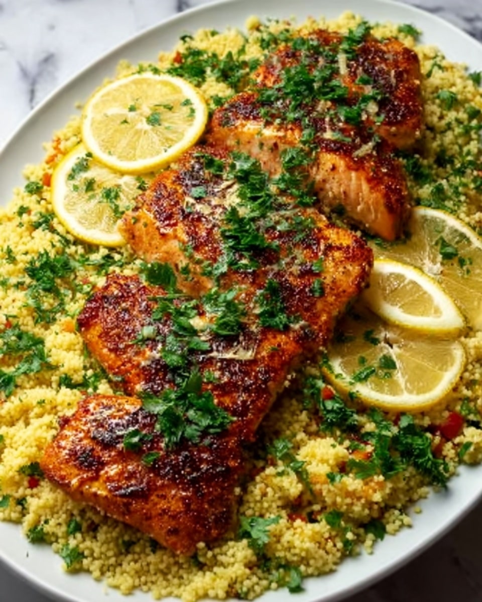 A large white serving platter showcasing an entire beautifully arranged grilled salmon fillet resting on a bed of fluffy yellow couscous mixed with finely chopped green herbs and small diced vegetables, garnished with fresh chopped parsley and slices of vibrant lemon carefully placed along one side of the dish, photographed from a professional 3/4 angle on a white marble surface with natural lighting for a stunning hero shot, photo taken with an iphone --ar 4:5 --v 7