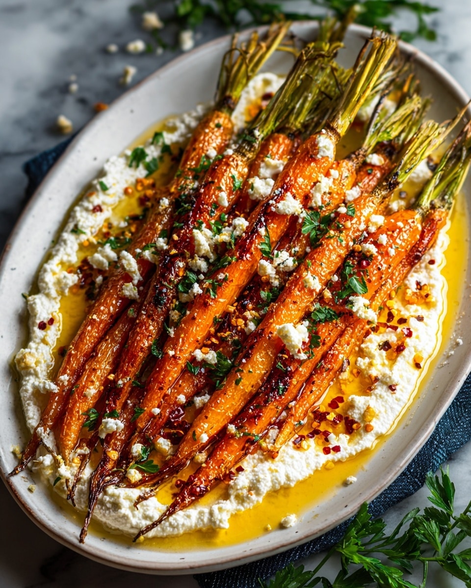 Large white serving platter filled with an entire batch of golden roasted carrots, arranged neatly with their green tops intact, resting on a generous bed of creamy ricotta cheese, drizzled with glossy honey and sprinkled with crumbled feta cheese, fresh chopped parsley, and red chili flakes, capturing the vibrant colors and textures of the whole dish in a professional 3/4 angle shot on a white marble background with natural lighting, like a hero shot from a food magazine, photo taken with an iphone --ar 4:5 --v 7