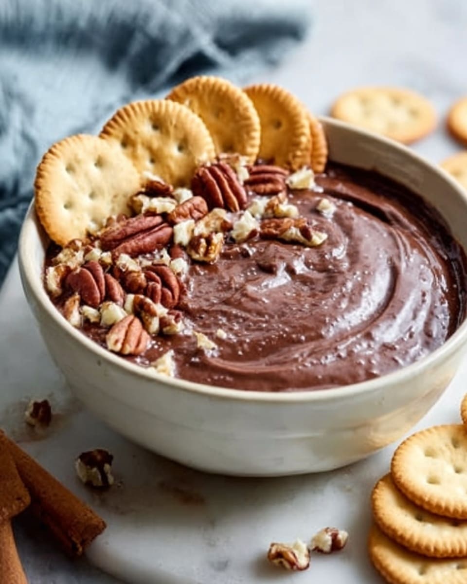 A large white ceramic bowl filled with rich, smooth, and creamy chocolate pudding, garnished generously with whole pecans and accompanied by several whole round vanilla wafer cookies arranged along the rim, placed on a white marble countertop with scattered vanilla wafers around it, natural lighting highlighting the glossy texture of the pudding, shot from a 3/4 angle, professional food magazine style photo taken with an iphone --ar 4:5 --v 7