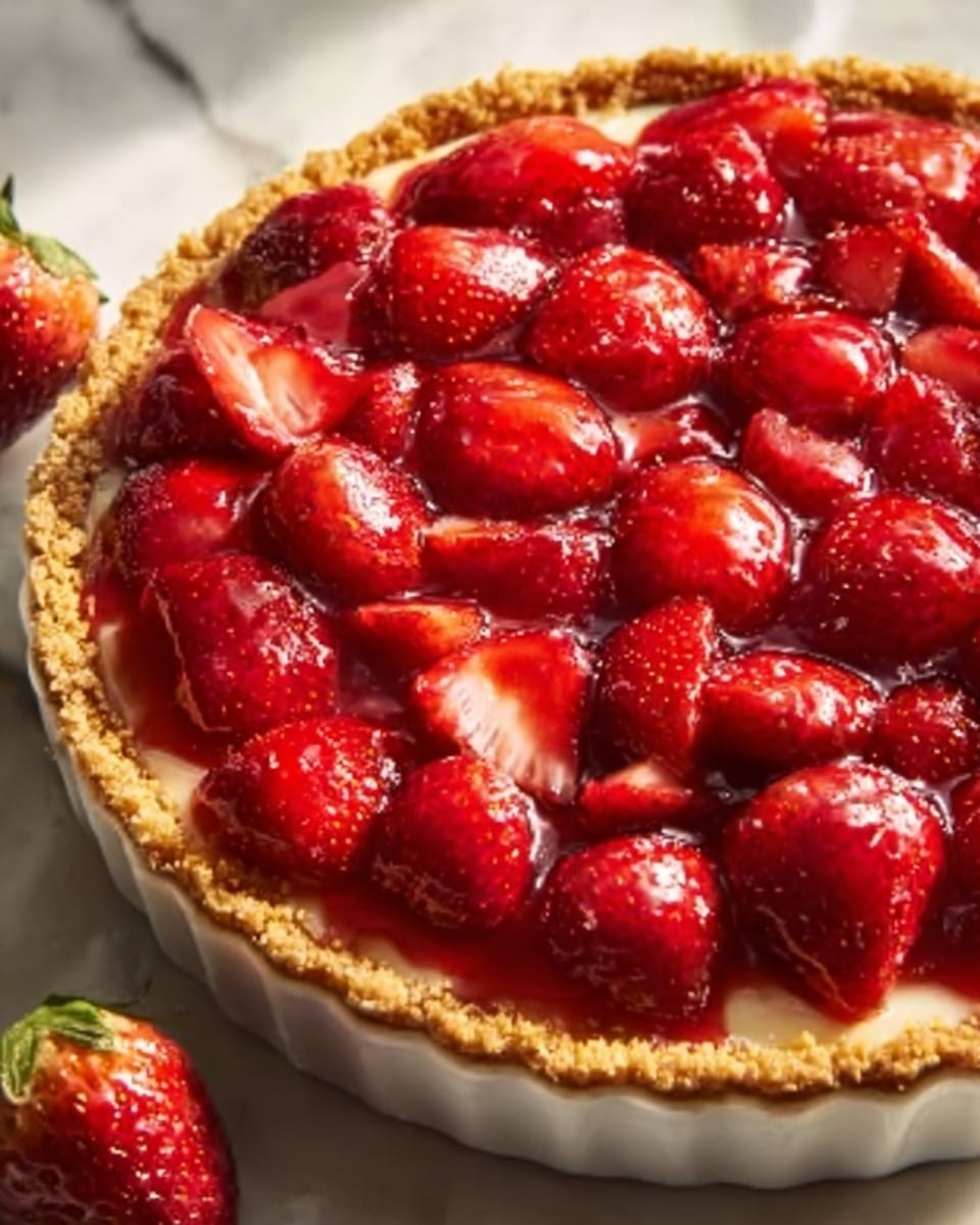 Whole strawberry tart displayed in a white ceramic tart pan, filled with glossy, evenly layered whole and halved ripe strawberries on a smooth, creamy custard base, surrounded by a perfectly golden crumbly crust, presented on a white marble surface with natural light highlighting the fresh fruit’s vibrant red color, professional 3/4 angle food magazine style photo taken with an iphone --ar 4:5 --v 7