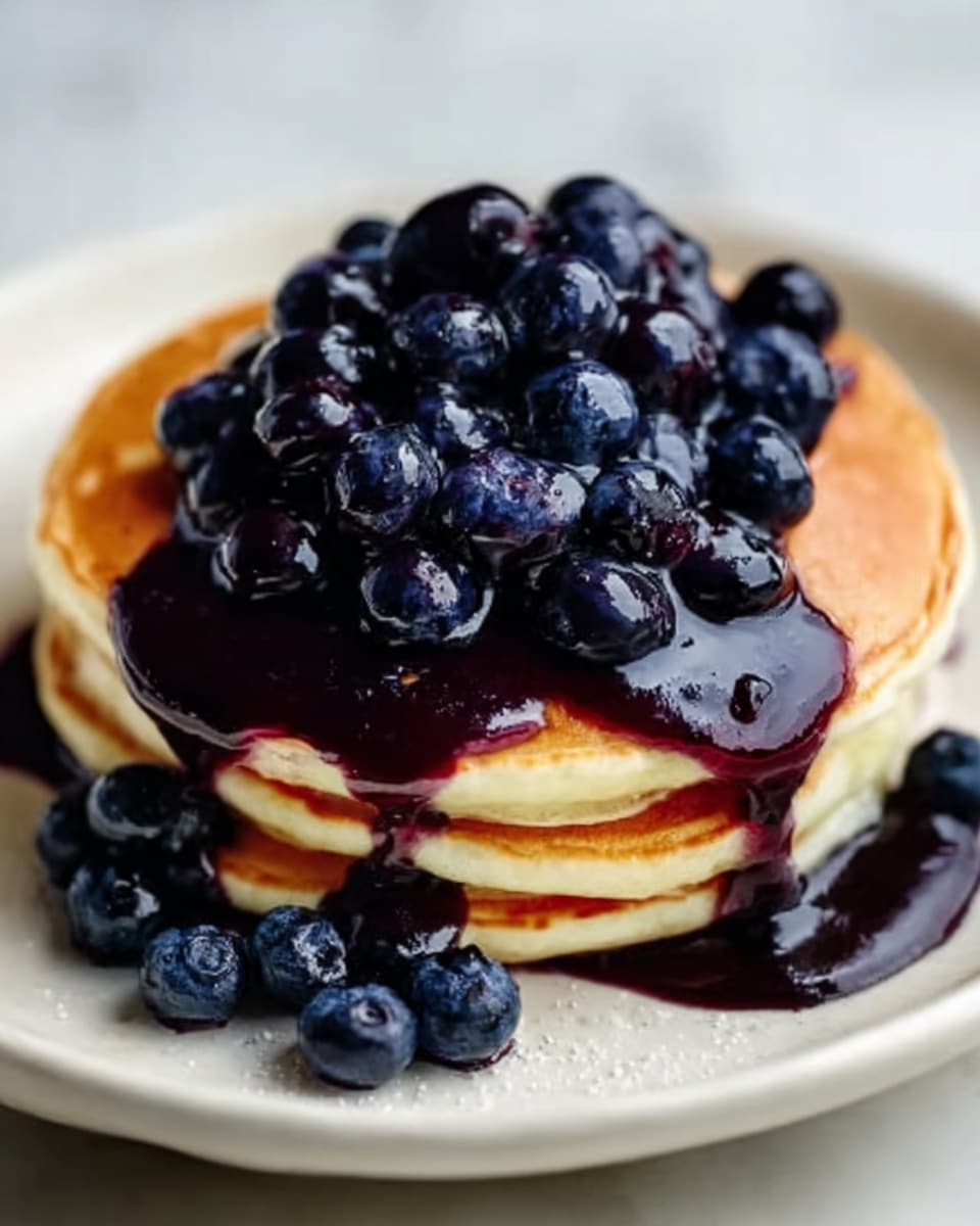 A stack of fluffy golden pancakes fully intact on a white plate, generously topped with a glossy, rich blueberry sauce dripping down the sides, adorned with an abundant heap of whole fresh blueberries, the entire presentation showing the complete uncut pancakes, shot from a 3/4 angle on a pristine white marble background with natural lighting, styled as a professional food magazine hero shot, photo taken with an iphone --ar 4:5 --v 7