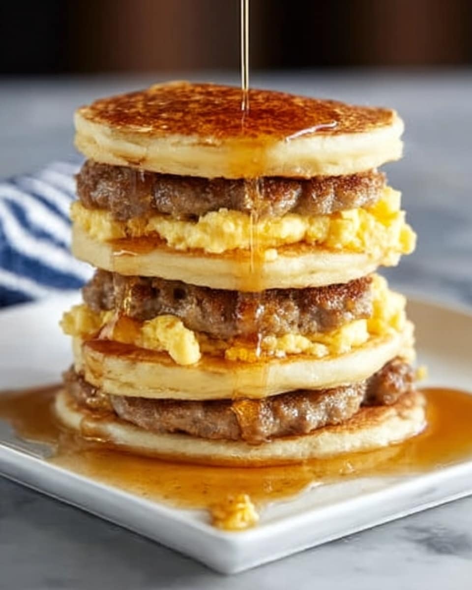 Tall stack of fluffy golden pancakes layered with savory sausage patties and a generous bed of creamy scrambled eggs at the base, all drizzled with warm amber maple syrup that cascades down the sides, presented on a large white square plate, shot with natural lighting from a 3/4 angle on a white marble countertop, styled as a hero food magazine image, photo taken with an iphone --ar 4:5 --v 7