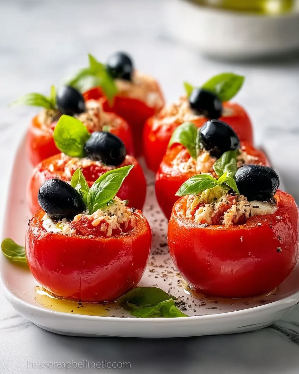 White serving platter displaying a full arrangement of whole bright red tomatoes, each hollowed and stuffed generously with a creamy mixture, topped with glossy black olives and fresh green basil leaves, glistening with a light drizzle of olive oil and sprinkled with cracked black pepper, captured in a professional 3/4 angle shot on a white marble countertop with natural lighting, styled as a vibrant, fresh appetizer dish, photo taken with an iphone --ar 4:5 --v 7