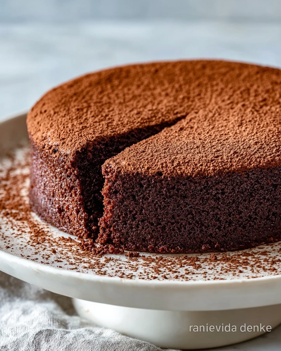 Whole round chocolate cake dusted generously with cocoa powder on top, rich and moist texture visible through the smooth, even surface, presented on a large white cake stand, perfectly decorated with a simple rustic style, photographed from a 3/4 angle on a white marble countertop under natural lighting, professional food magazine hero shot photo taken with an iphone --ar 4:5 --v 7