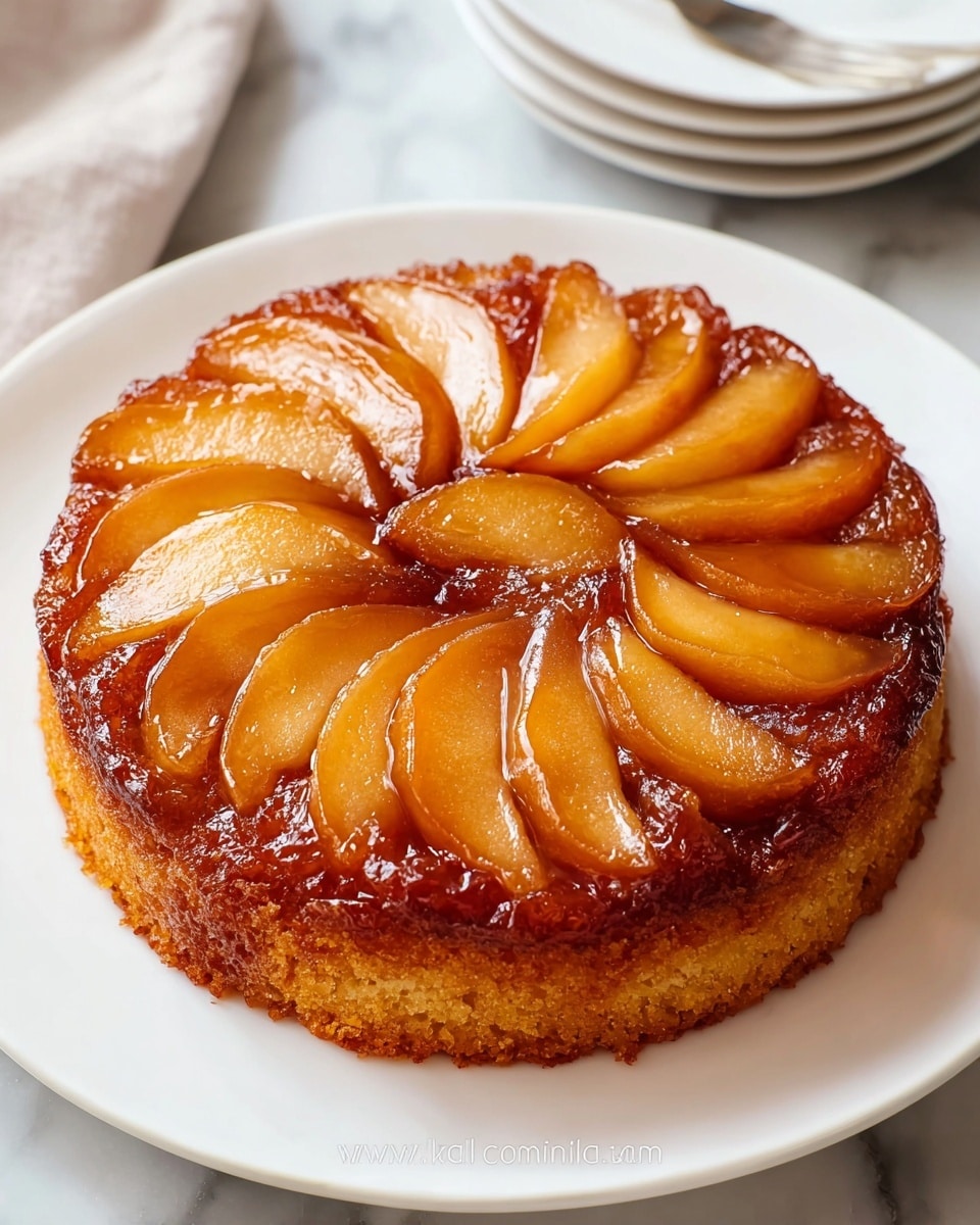 Whole round apple upside-down cake with glossy caramelized apple slices neatly arranged on top, golden-brown moist cake base visible around the edges, presented on a large white plate, professional 3/4 angle shot showing entire cake on white marble countertop with natural lighting, styled like a hero shot from a food magazine, photo taken with an iphone --ar 4:5 --v 7