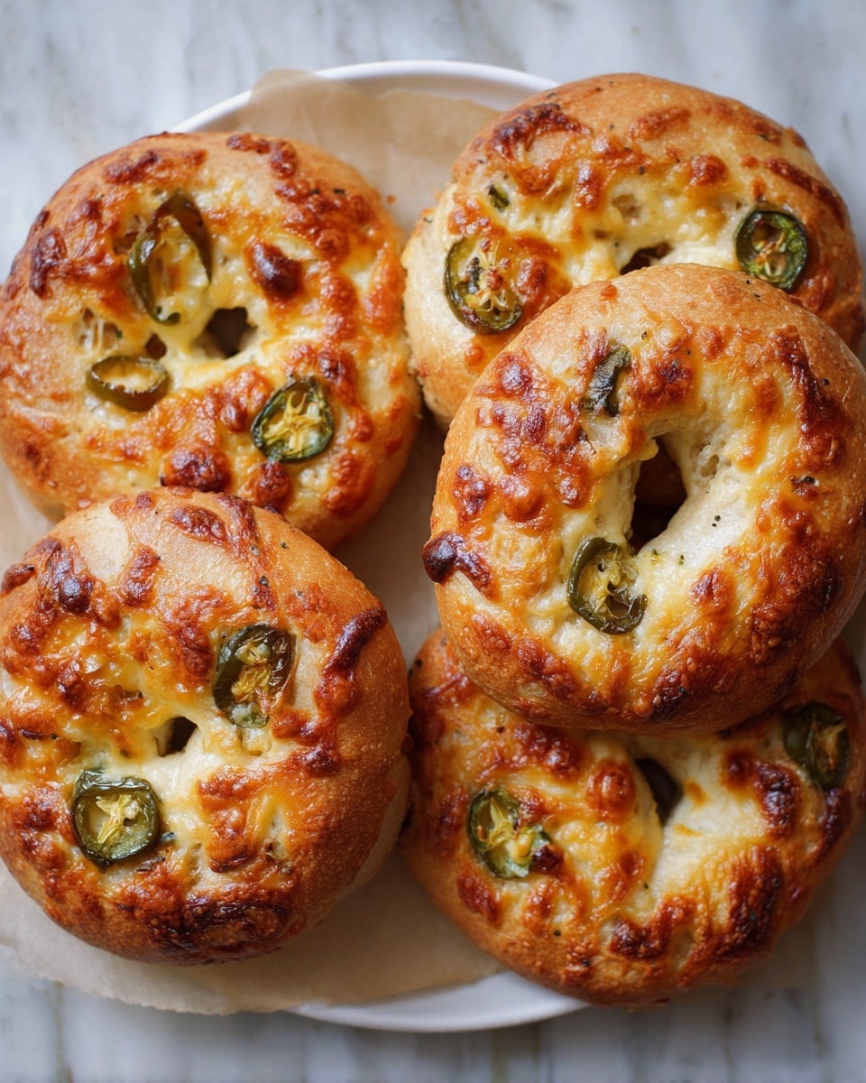 White ceramic plate filled with a group of whole freshly baked jalapeño cheese bagels, each perfectly golden brown with melted cheese bubbles and slices of roasted jalapeños embedded on top, arranged closely together to highlight their fluffy texture and crispy crust, photographed from a professional 3/4 angle on a white marble surface with natural lighting, styled like a hero shot from a food magazine, photo taken with an iphone --ar 4:5 --v 7