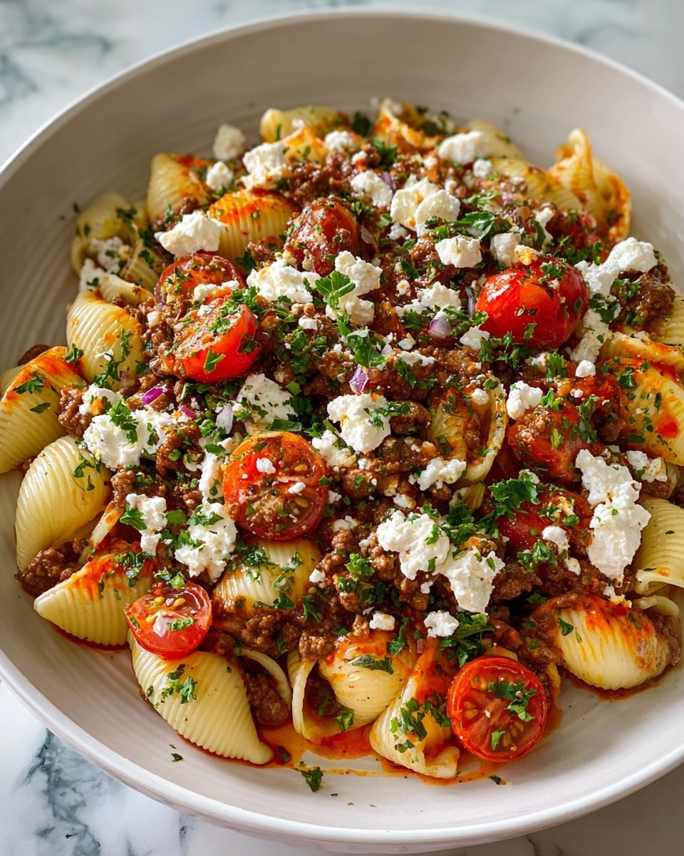 Large white bowl filled with a generous serving of pasta shells topped with seasoned ground beef sauce, fresh halved cherry tomatoes, crumbled feta cheese, and finely chopped parsley, all drizzled with a vibrant red pepper oil, whole dish photographed from a 3/4 angle on a white marble countertop with natural lighting, professional food magazine hero shot photo taken with an iphone --ar 4:5 --v 7