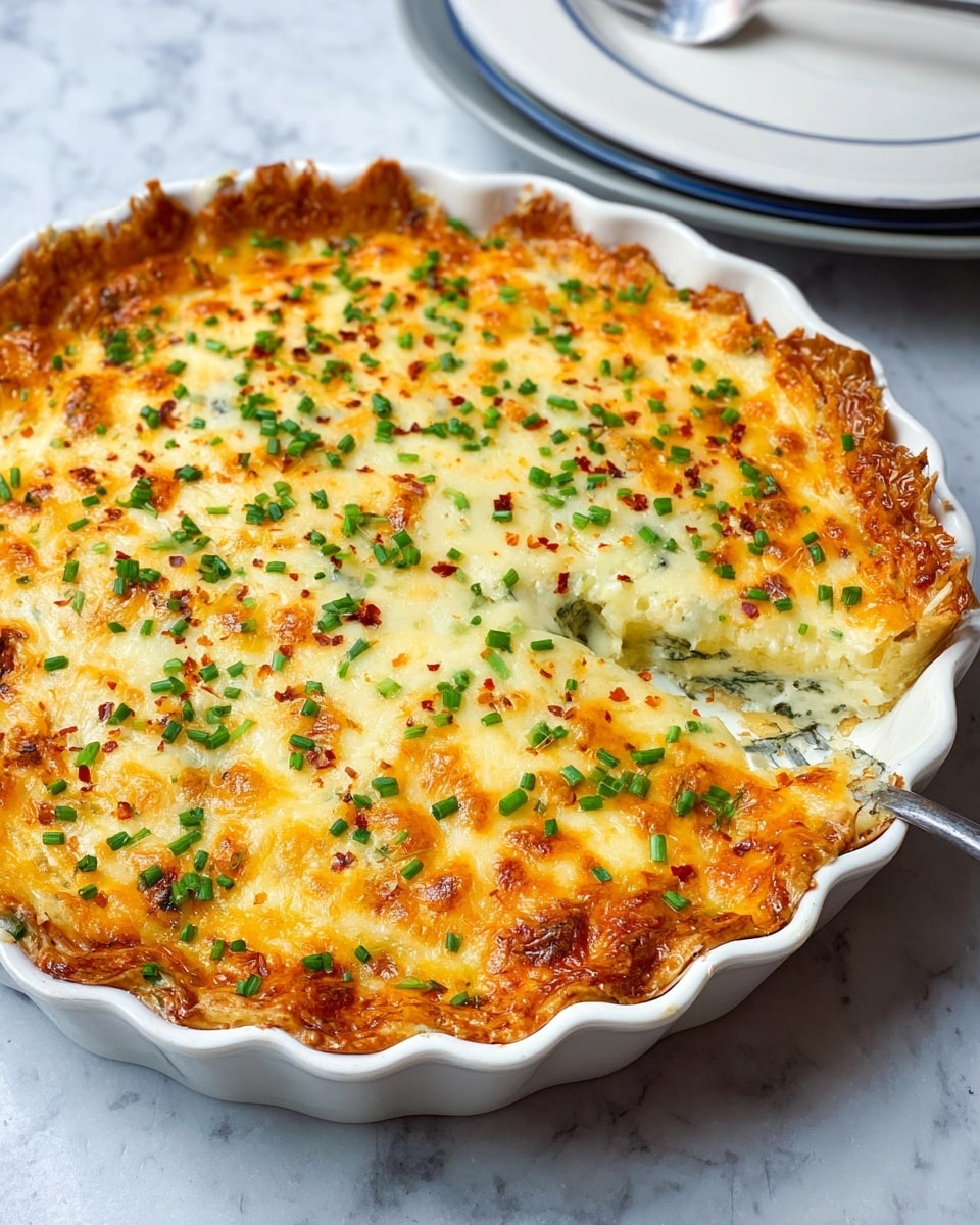 Full white ceramic quiche dish filled with a whole golden-baked cheesy casserole topped with melted, bubbly mozzarella and scattered finely chopped fresh chives and a light sprinkle of red chili flakes, edges of crispy browned cheese peeking over the fluted sides, presented on a clean white marble countertop with bright natural lighting, professional food magazine style hero shot, photo taken with an iphone --ar 4:5 --v 7