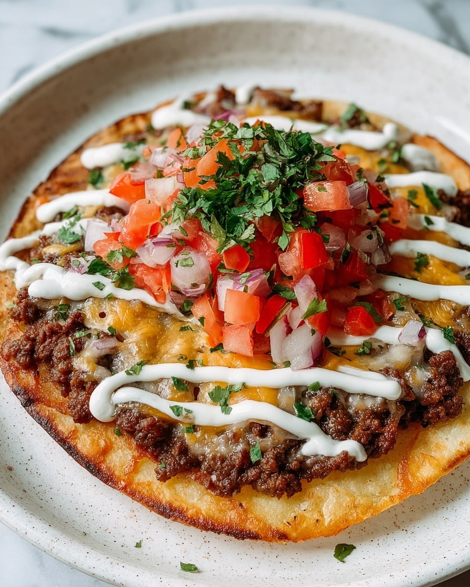 Large white plate holding a complete tostada topped with a perfectly cooked whole layer of seasoned ground beef, melted cheddar cheese, finely chopped fresh tomatoes, onions, and drizzled with creamy sour cream, garnished with chopped cilantro, photographed from a 3/4 angle on a white marble countertop under natural lighting, professional food styling photo taken with an iphone --ar 4:5 --v 7