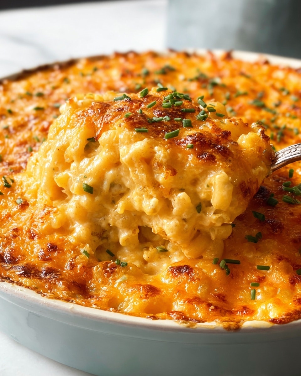 Full round white ceramic baking dish filled with a creamy macaroni and cheese casserole, topped with a perfectly golden-brown crust of melted cheddar cheese sprinkled with fresh chopped chives, the cheese layer slightly bubbling and textured, whole dish captured from a close 3/4 angle, set on a pristine white marble surface with natural soft lighting, styled like a hero shot from a food magazine, photo taken with an iphone --ar 4:5 --v 7