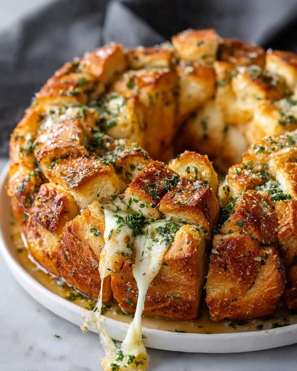 Whole white serving platter filled with a complete, uncut garlic cheese pull-apart bread ring, beautifully golden brown and brushed with garlic herb butter, sprinkled with coarse salt and fresh chopped parsley, showing the entire circular bread arranged in perfect sections with melted mozzarella oozing slightly between the pieces, shot from a 3/4 angle on a white marble background with natural lighting, styled like a high-end food magazine hero shot, photo taken with an iphone --ar 4:5 --v 7