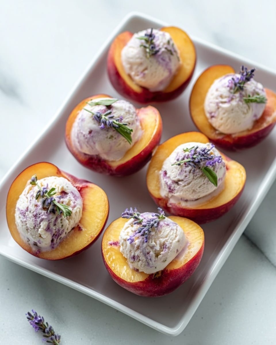 A pristine white rectangular serving platter showcasing a full set of halved ripe peaches, each hollowed and generously filled with creamy lavender-infused ice cream, delicately topped with fresh small lavender sprigs for an elegant touch, arranged neatly in rows to display the entire dessert ensemble, photographed from a slight 3/4 angle with natural light on a white marble surface, styled like a high-end food magazine hero shot, photo taken with an iphone --ar 4:5 --v 7