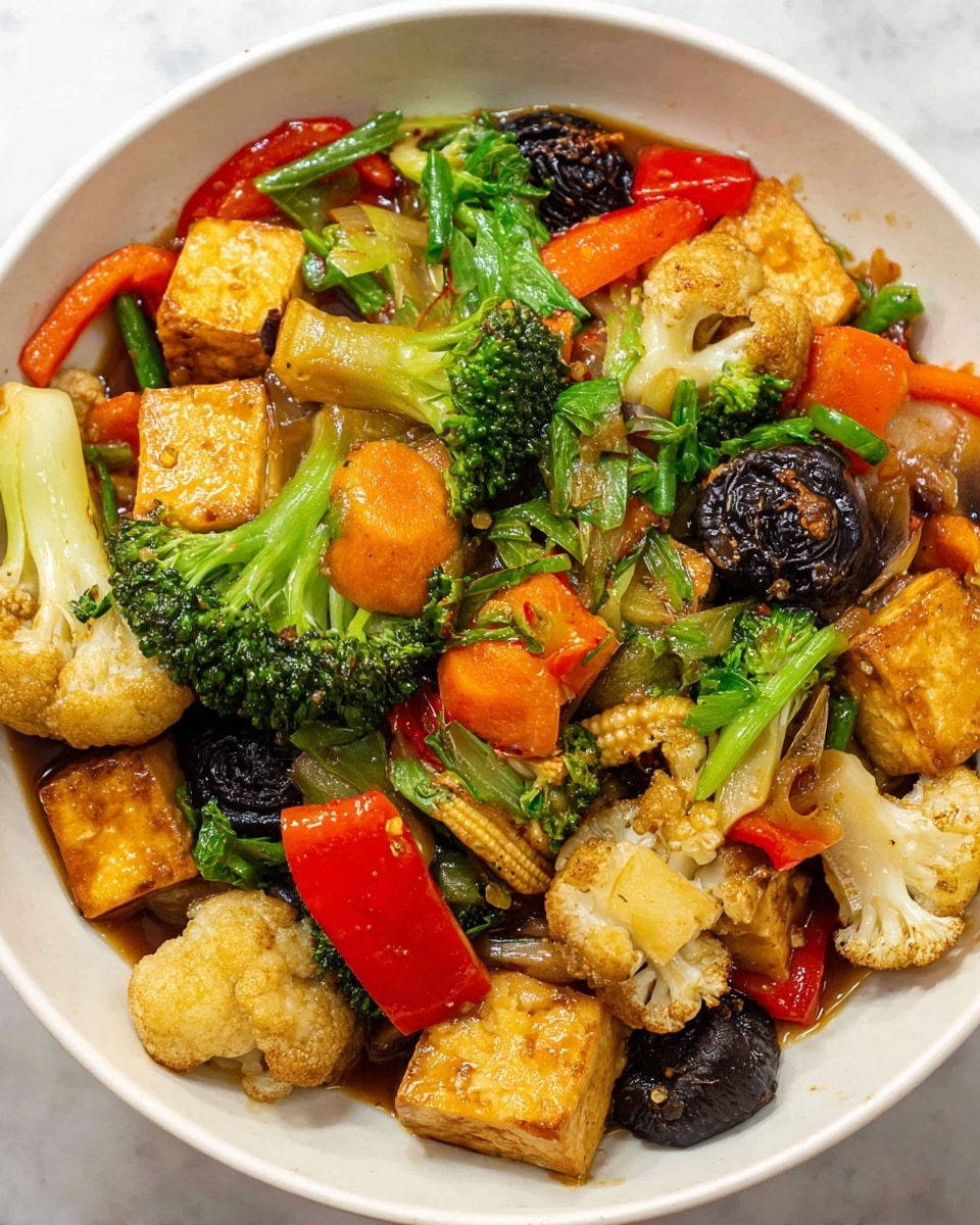 Large white serving bowl filled with a vibrant vegan stir-fry featuring generous cubes of golden-brown tofu, whole and halved cauliflower florets, bright green broccoli crowns, tender baby corn, sliced red bell peppers, crisp celery pieces, carrot slices, and black wood ear mushrooms all coated in a glossy savory sauce, garnished with fresh celery leaves, whole dish photographed from a 3/4 angle on a white marble countertop with natural lighting, professional food magazine hero shot, photo taken with an iphone --ar 4:5 --v 7
