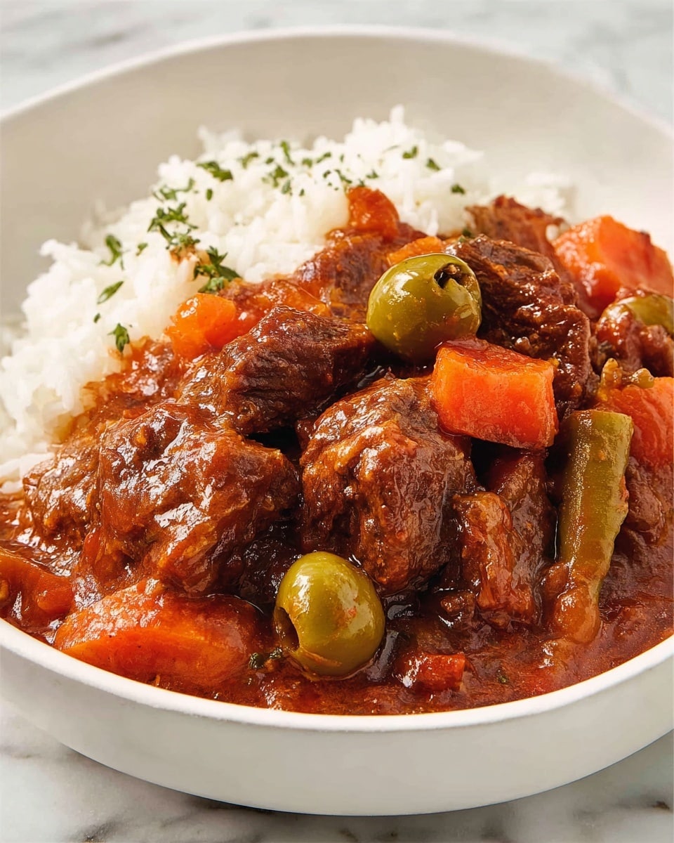 Large white ceramic serving bowl filled with a generous, hearty beef stew featuring tender chunks of braised beef, thick carrots, whole green olives, and green bell peppers, all simmered in a rich, deep reddish-brown sauce over a bed of fluffy white rice, steam rising gently from the dish, styled beautifully on a white marble countertop with soft natural lighting, capturing an inviting and comforting home-cooked meal, professional food magazine hero shot photo taken with an iphone --ar 4:5 --v 7