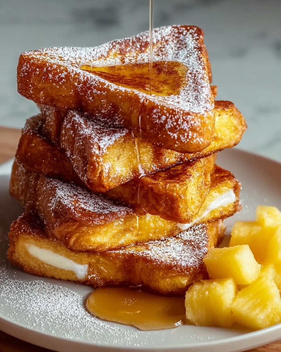 Large white plate featuring a full stack of golden, perfectly cooked French toast triangles dusted generously with powdered sugar, the stack glistening with amber maple syrup slowly cascading down the sides, served with a side of fresh, cubed pineapple chunks, all arranged neatly under warm natural light on a white marble countertop, professional food magazine hero shot taken with an iphone --ar 4:5 --v 7